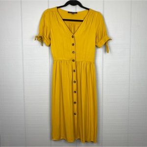 One Clothing Yellow Cottagecore Button Down Dress Tie Short Sleeves Knee Length